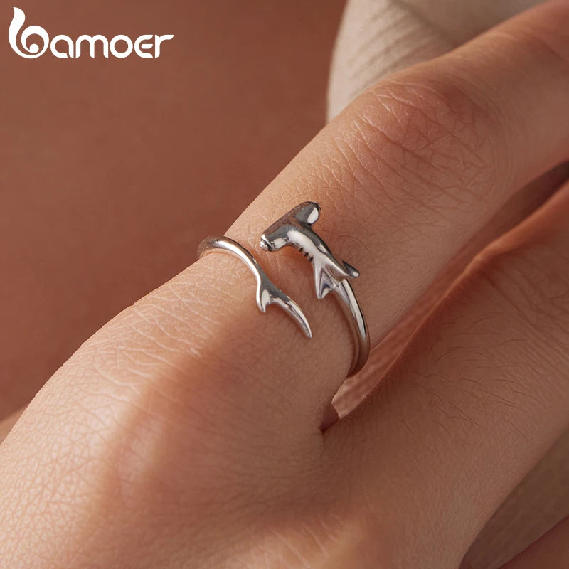 Bamoer 925 Sterling Silver Romantic Lavender Flower Open Ring Adjusable Hammerhead Shark Ring for Women Teens Simple Dating Gift