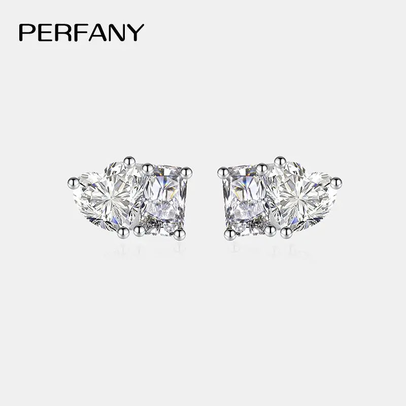 PERFANY Radiant Emerald Cut 2CT Moissanite Stud Earrings Women S925 Pure Silver Heart Laboratory Diamond Fashion Wedding Jewelry - Madeinsea©