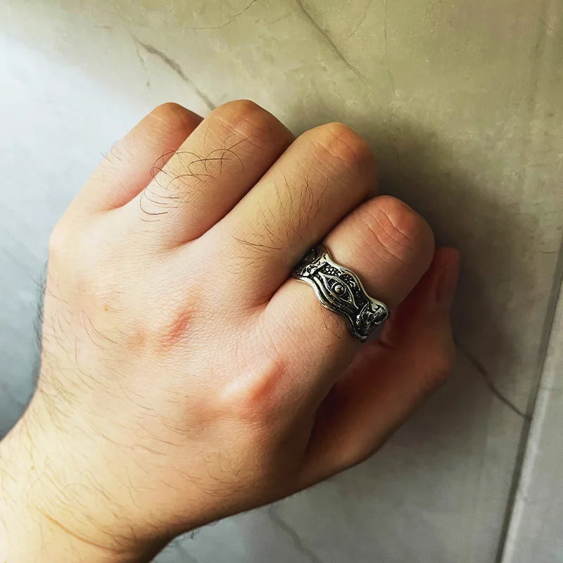 Retro Horus Demon Eye Ring For Men Silver Color Punk Gothic Adjustable Open Ring Handmade Rock Unisex Jewelry Accessories Gift