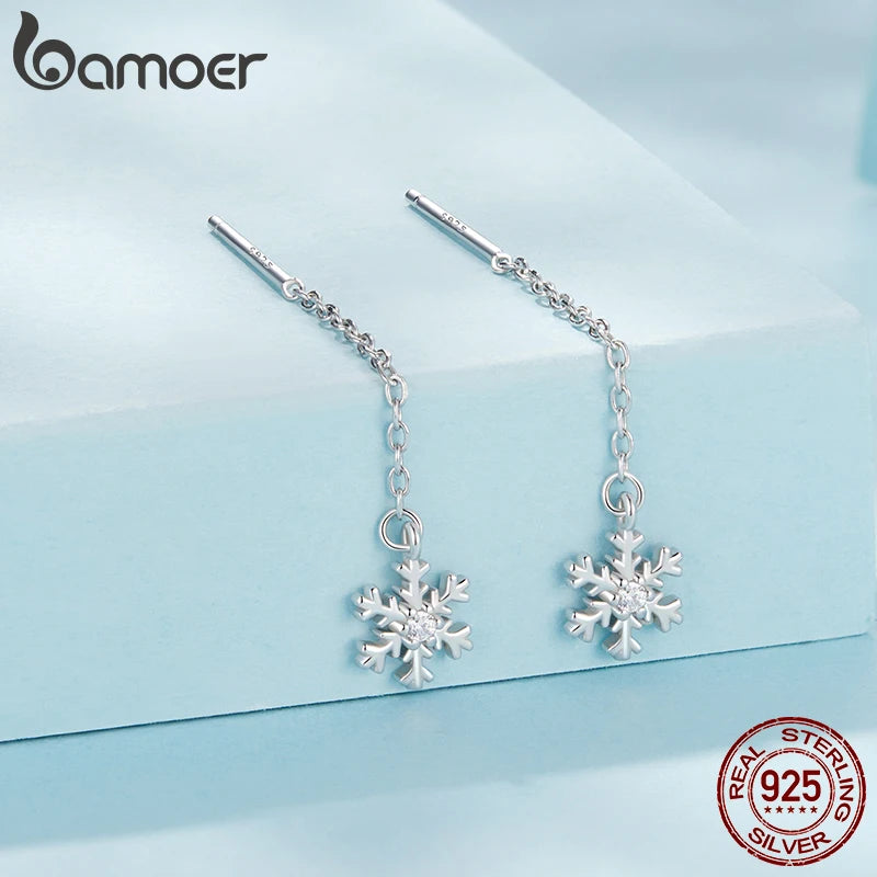 BAMOER 925 Sterling Silber Schneeflocke Tropfen Baumeln Ohrringe für Frauen Teenager Elegante Lange Baumeln Ohrringe Einfädler Quaste