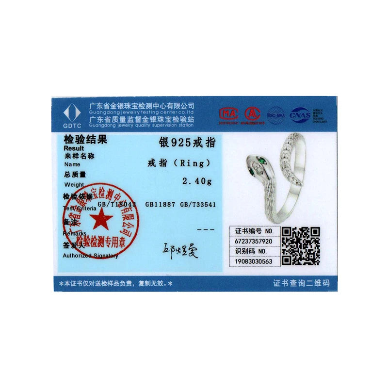 BISAER 925 Sterling Silver Viper Open Ring Size 5-9 Snake Green Zircon Eternity Band Plated Gold for Women Party Fine Jewelry