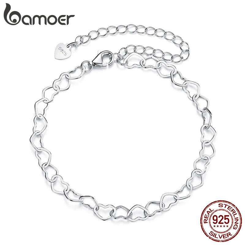 BAMOER Armband aus 925er Sterlingsilber mit hohlem Herz, verstellbare, zierliche Handgelenkkette, leichtes Schmuckstück, süßes Geschenk für Mädchen