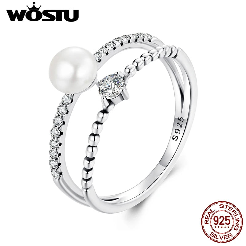 WOSTU 925 Silver Natural Freshwater Pearl Promise Ring For Women Double Layer Shiny Zircon Vintage Rings Lover Mom Birthday Gift