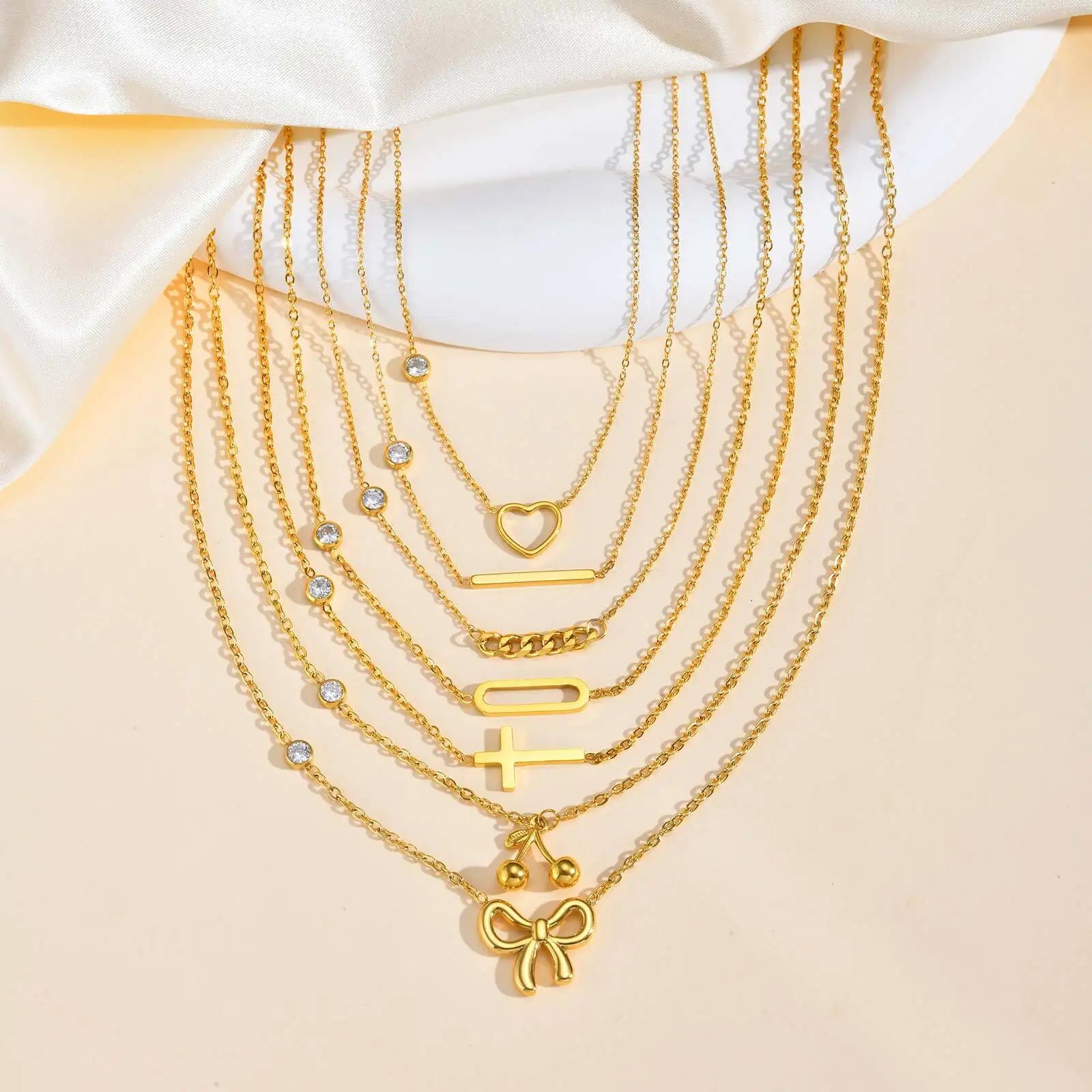 Vnox Gold Color Bow Single Zircon Chain Necklace For Women Stainless Steel Heart  Accessories Pendent Necklace Light Jewelry