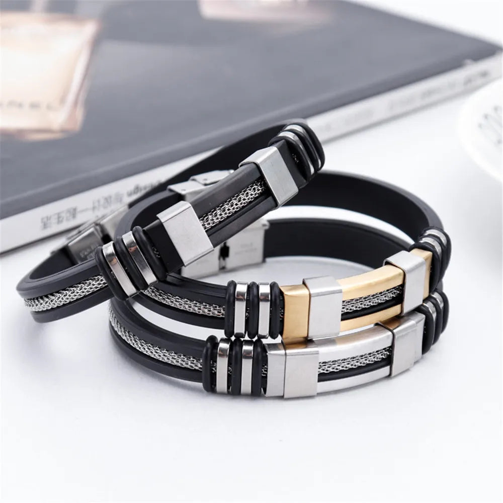 MKENDN Punk Style Men Jewelry Non-fading Steel Wire Rope Silicone Bracelet Classic Cuff Charm Bracelet for Men Male Gifts