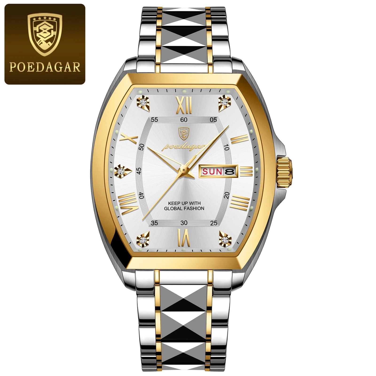 POEDAGAR Luxury Stainless Steel Watches for Man Luminous Waterproof Date Week Men Watch Tonneau Case Men's Quartz Watches Reloj