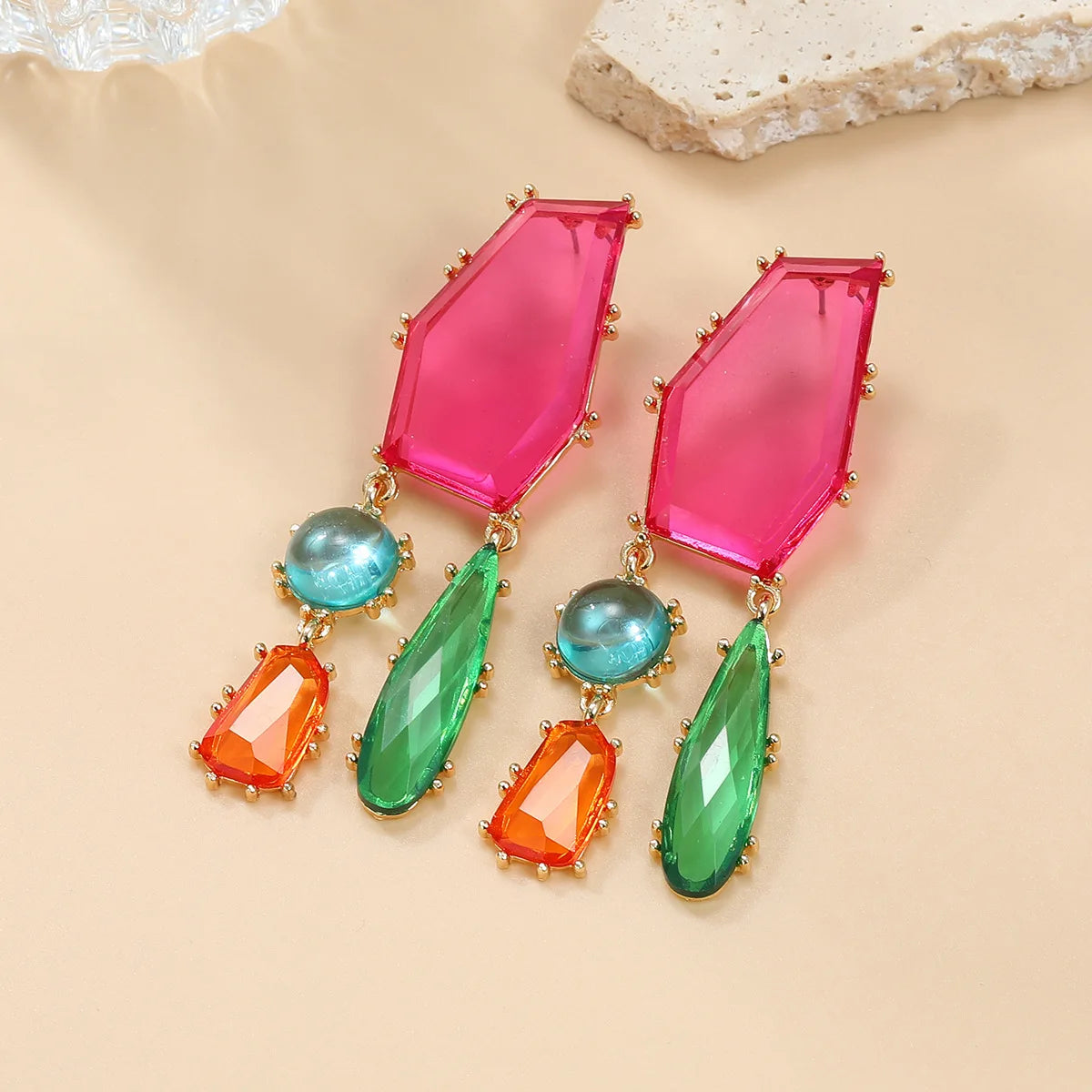 Bohemian Geometric Colorful Resin Dangle Long Earrings Jewelry