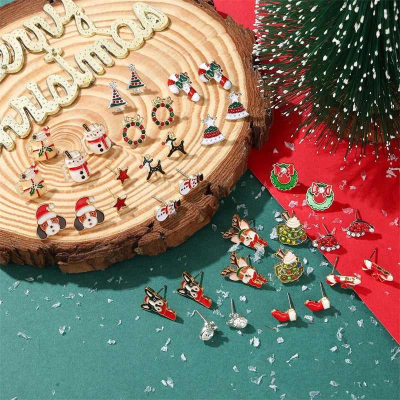 New Fashion Christmas Earrings for Women Cute Cartoon Gingerbread Man Zircon Elk Snowflake Xmas Tree Pearl Earring Girl Jewelry