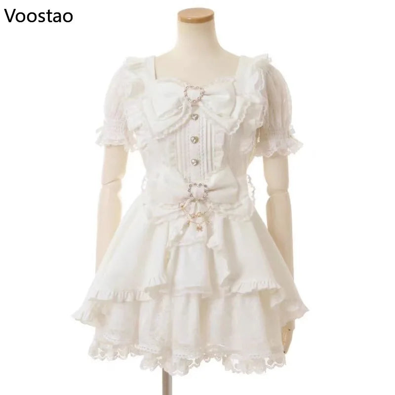 Japanese Sweet Lolita Rhinestone Bow Dress Kawaii Women Y2k Puff Sleeve Button Lace Ruffles Dress Harajuku Cute Party Cake Dress