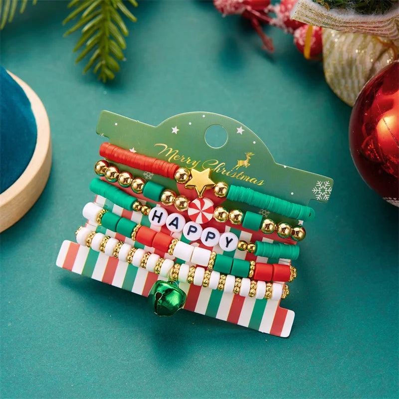 5Pcs Multilayer Beaded Bracelet Set For Women Multicolor Rice Beads Christmas Tree Santa Claus Snowman Bangle New Year Jewelry