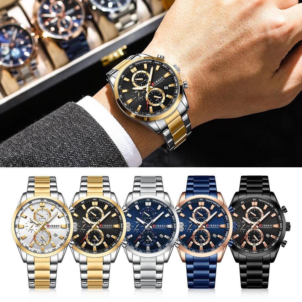 CURREN Casual Sporty Brand Stainless Steel Band Wristwatches for Men New Chronograph Quartz Watches with Date 8445