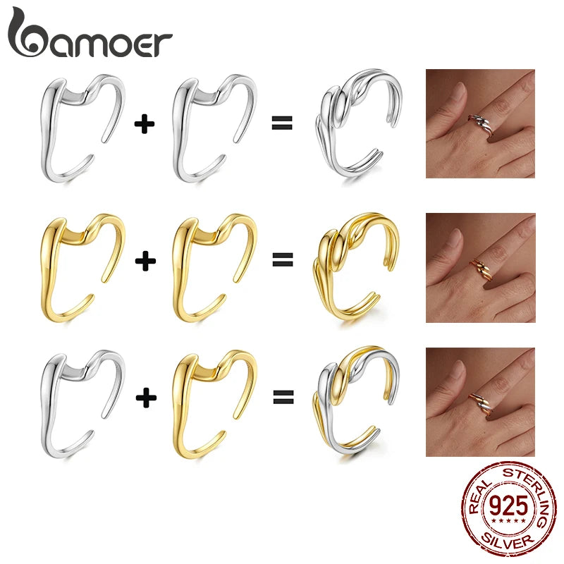 BAMOER Vergoldeter, gewellter Stapelring für Damen, 925 Sterling Silber, gedrehtes Band, zarter Ewigkeitsring SCR1117