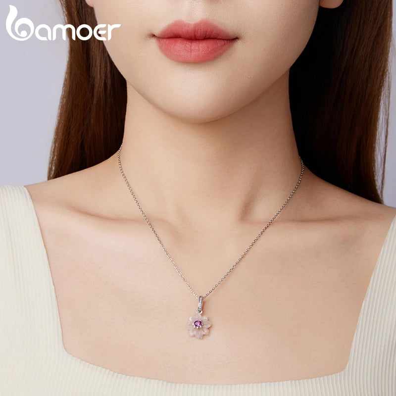 BAMOER Sonnenblumen-Anhänger aus 925er Sterlingsilber, transparent rosa Blume, mondförmiger Lebensbaum-Anhänger, Perlen zum Selbermachen, origineller Schmuck
