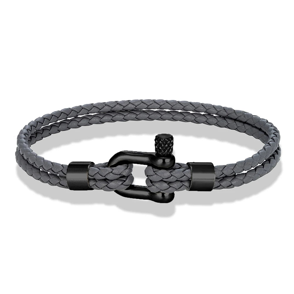 MKENDN Schwarzes Edelstahl-Schäkelarmband, schlichtes zweilagiges blaues Lederarmband für Damen und Herren, handgefertigter nautischer Schmuck