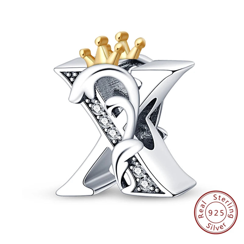 925 Sterling Silver 26 Alphabet A-Z Crown Letters Charms Bead Fit Original Bracelet Fine DIY Charm For Woman Anniversary Jewelry