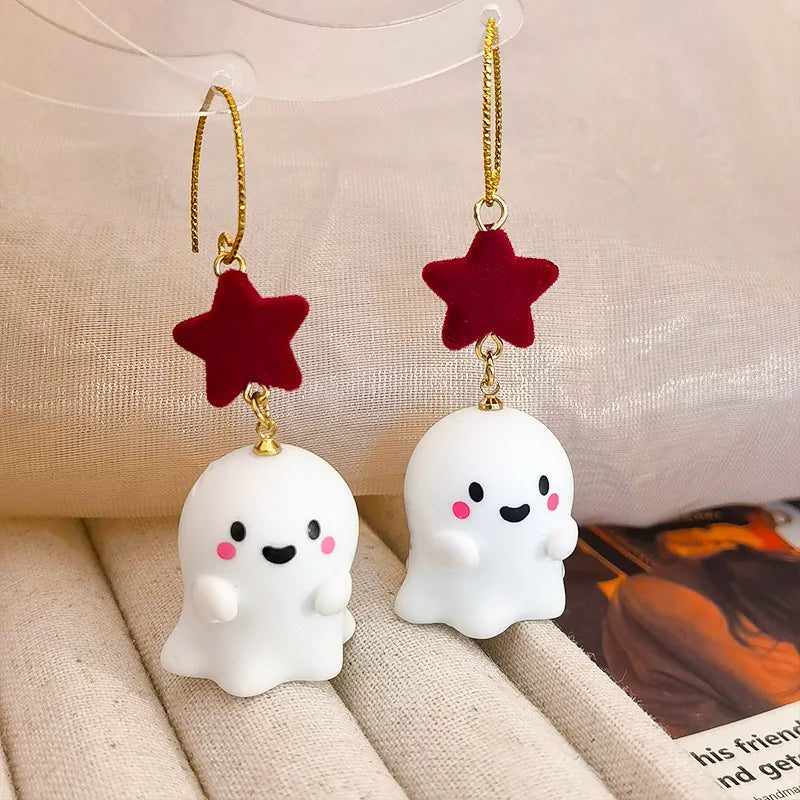 Fancy Resin Halloween Ghost Drop Earrings For Women Red Bowknot Flannel Ghost Dangle Earring Christmas Festival Party Jewelry