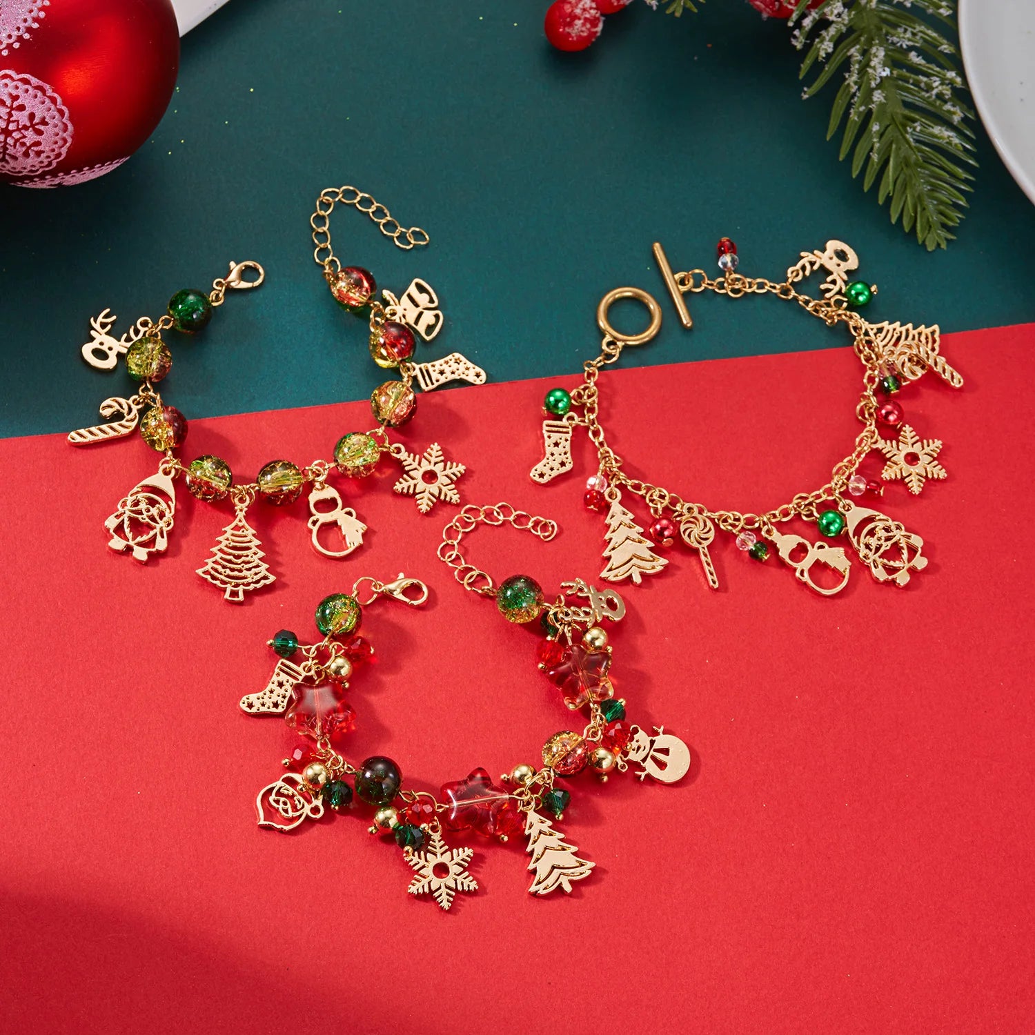 Christmas Colorful Crystal Beads Multi Element Pendant Bracelets for Women Santa Claus Snowflake Tree Elk Bracelet Party Jewelry