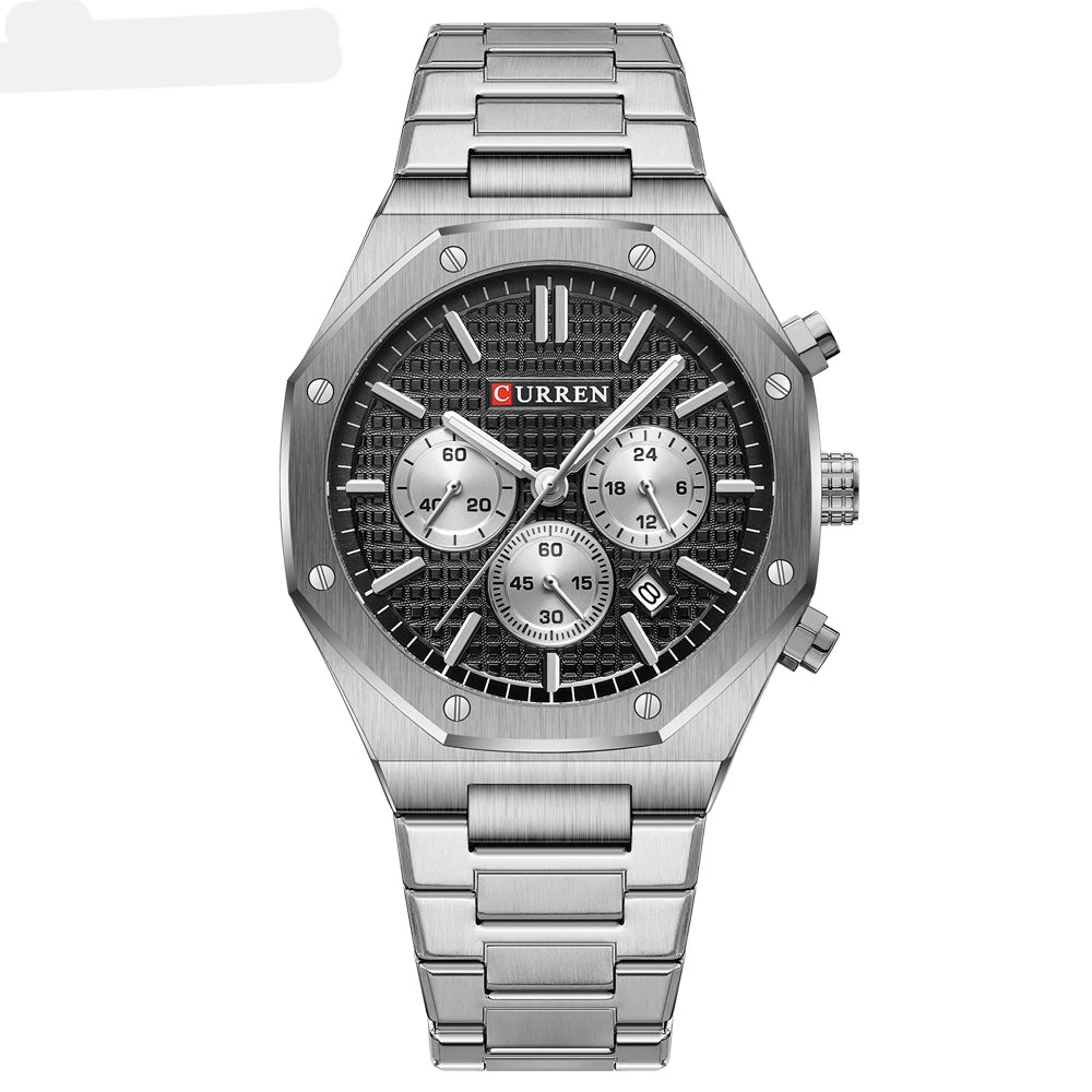CURREN Fashion Casual Stainless Steel Band Quartz Wristwatches with Chronograph Waterproof Men's Watches