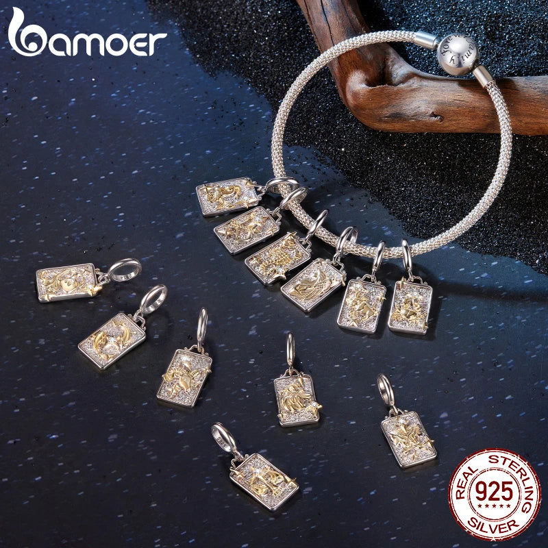 BAMOER 925 Sterling Silver Two-tones Constellation Pendant 12 Zodiac Beads for Necklace DIY Birthday Gift Jewelry Accessories