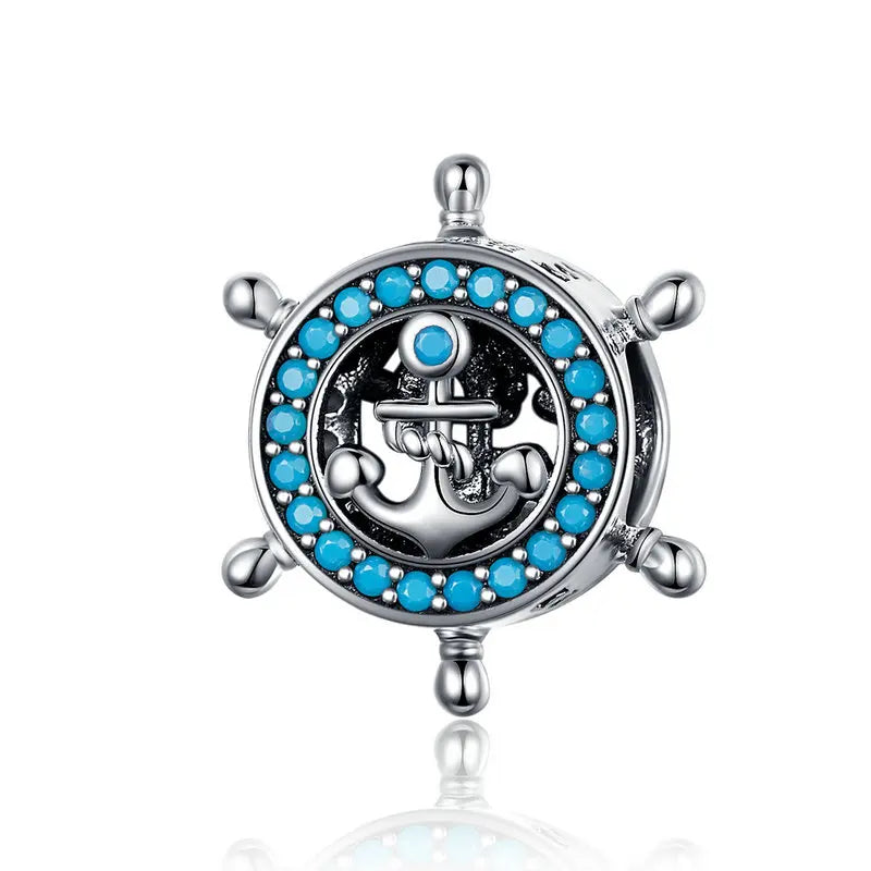Bamoer 925 Sterling Silver Compass Pendant Enamel Blue Full Circled Zircon Beads for Women DIY Necklace Accessories Crystal Gift
