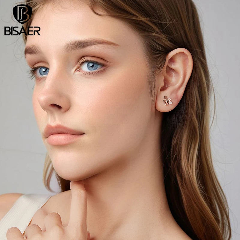 BISAER Autumn Flowers Stud Earrings 925 Sterling Silver Yellow Enamel Process Stud Ear for Women Party Fine Jewelry Gifts