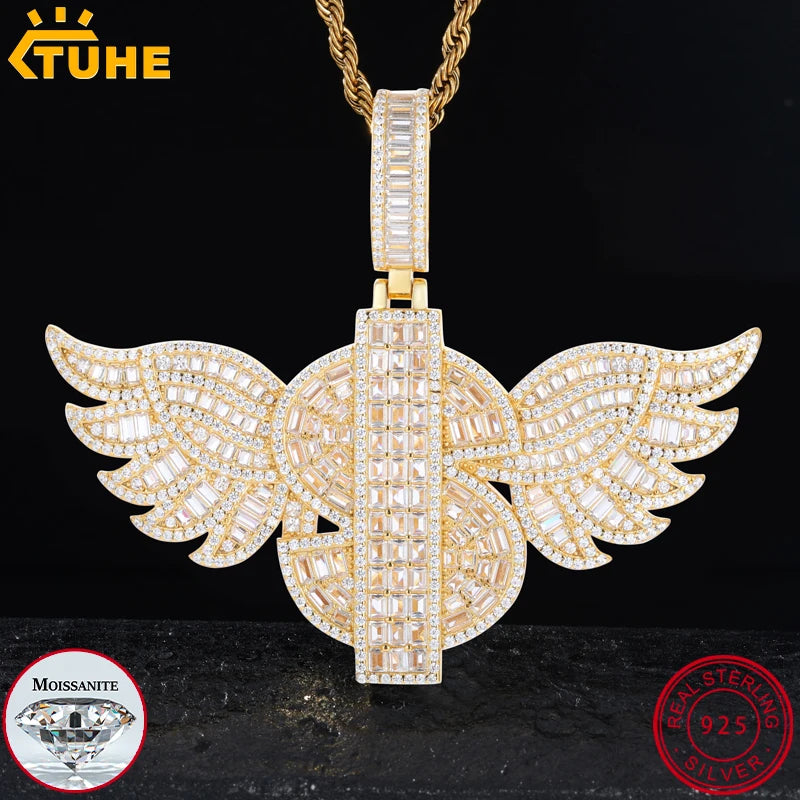 TUHE Unisex Cross Angel Wings Pendants Necklaces Ice Out Moissanite S925 silver Pendants For Men Hip Hop Jewelry Gift