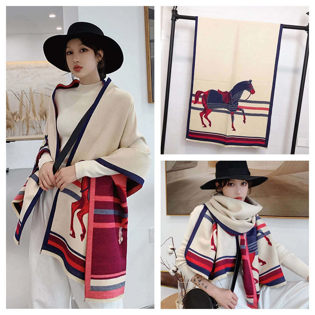 Women's Autumn Winter Horse Pattern Scarf New Luxury Cashmere Feeling Large Blanket Wrap Soft Warm Brand Shawl Retro & Classical - Madeinsea©