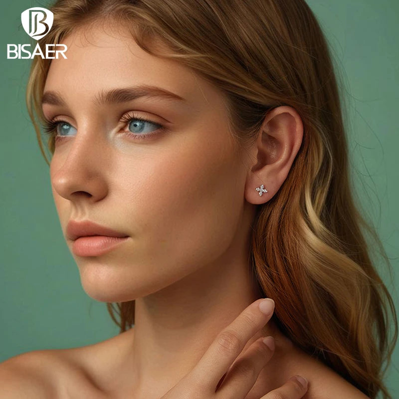 Boucles d'oreilles à tige en argent sterling 925 BISAER - Mini fleur - Zircon scintillant - Hypoallergéniques - Pour femme - Cadeau de fête