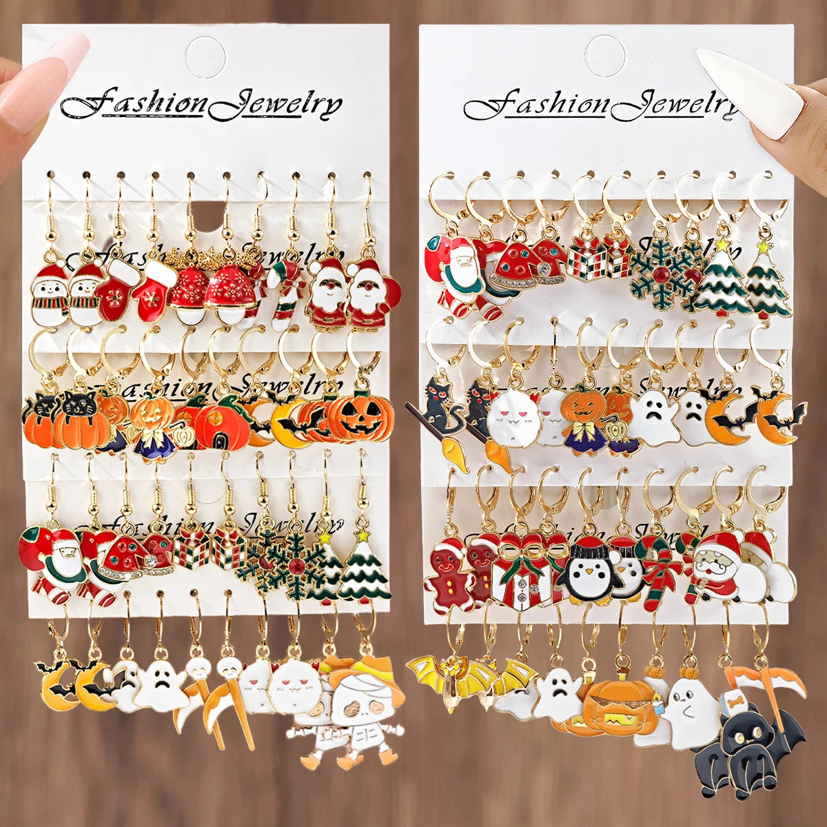 Cross border New Halloween Christmas Holiday Party Series Metal Oil Drop Earrings Set Cute Santa Gingerbread Man Pumpkin Head Ba