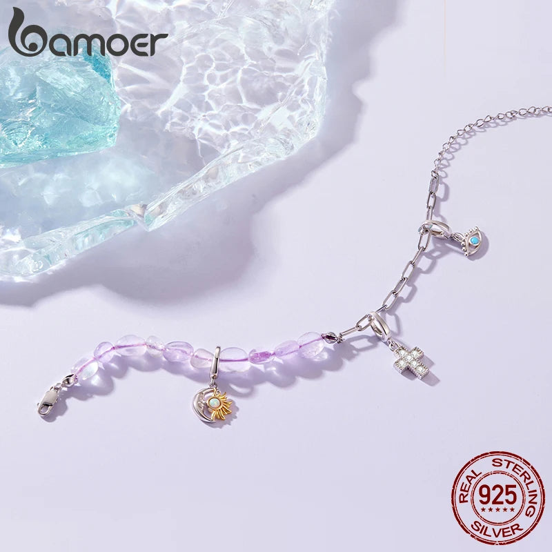 BAMOER Armband aus 925er Sterlingsilber mit lila Kristallen, verstellbare Perlen und Kette, zweifarbiges Armband für Damen und Teenager, zartes Geschenk