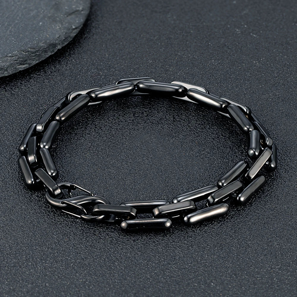 MKENDN Men's Heavy Handmade Chain Bracelet Never Fade Double Push Carabiner Clasp Stainless Steel Punk Rectangle Link Accessory