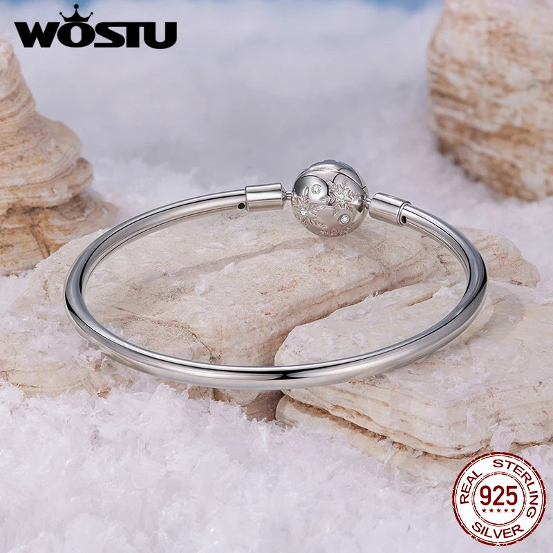 WOSTU 925 Sterling Silver Snowflake Bangle Bracelet With Zircon , Snake Chain Bangles Fit DIY Charms Valentine Xmas Jewelry Gift