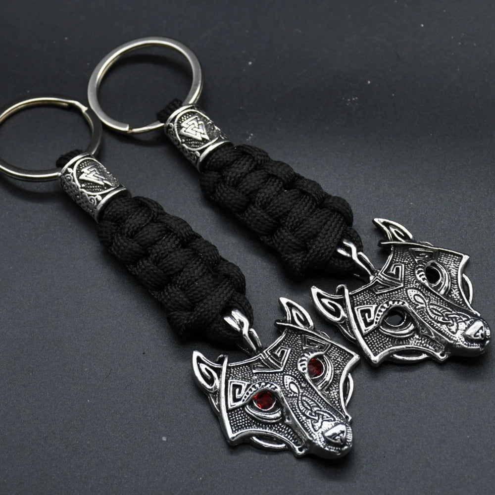 Nordic Mythology Wolf Head Keychain Men's Retro Handmade Survival Rope Lanyard Pendant Keyring Vikings Runes Vegvisir Jewelry