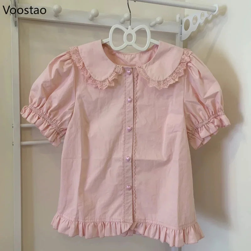 Japanese Kawaii Lolita Shirts Women Sweet Puff Short Sleeve Lace Ruffles Slim Blouses Girls Cute Y2k Clothes Tops Blusas Mujer