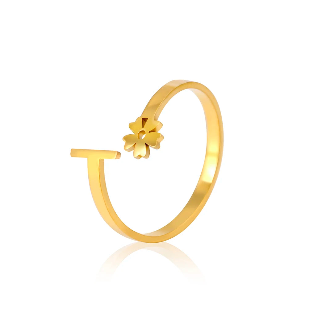 Stainless Steel Flower 26 Alphabet Open Ring for Women A-Z Initial Name Ring 2022 New Fashion Jewelry for Birthday Gift