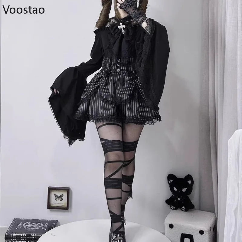 Victorian Gothic Lolita Style Shirts Japanese Women Vintage Elegant Lace Ruffles Flare Long Sleeves Blouse Female Y2k Slim Tops - Madeinsea©
