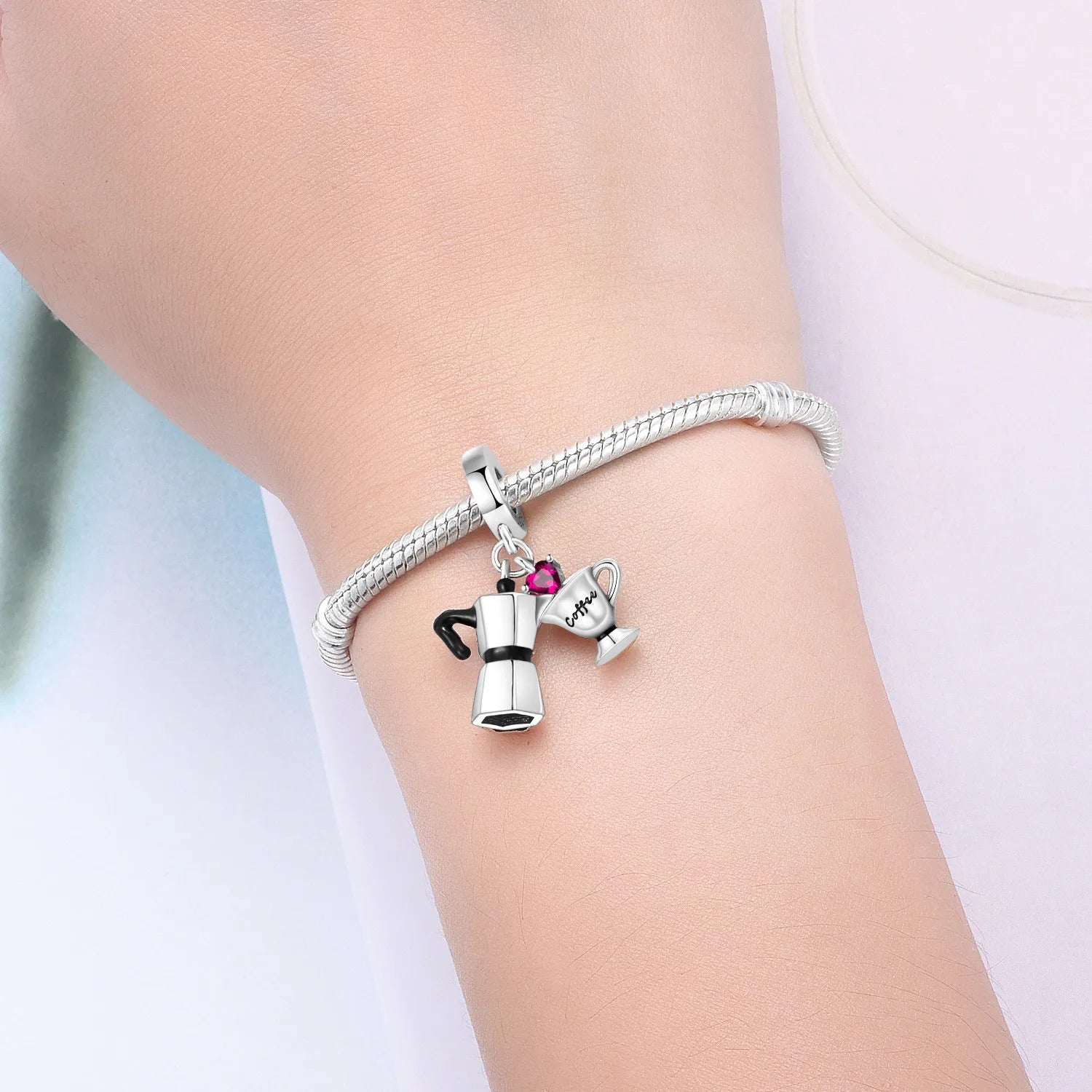 PANPOKI 925 Sterling Silver Love Coffee Cup Pendant Beads Original Pendants Bracelet Charm Jewelry Party DIY Trendy Gifts