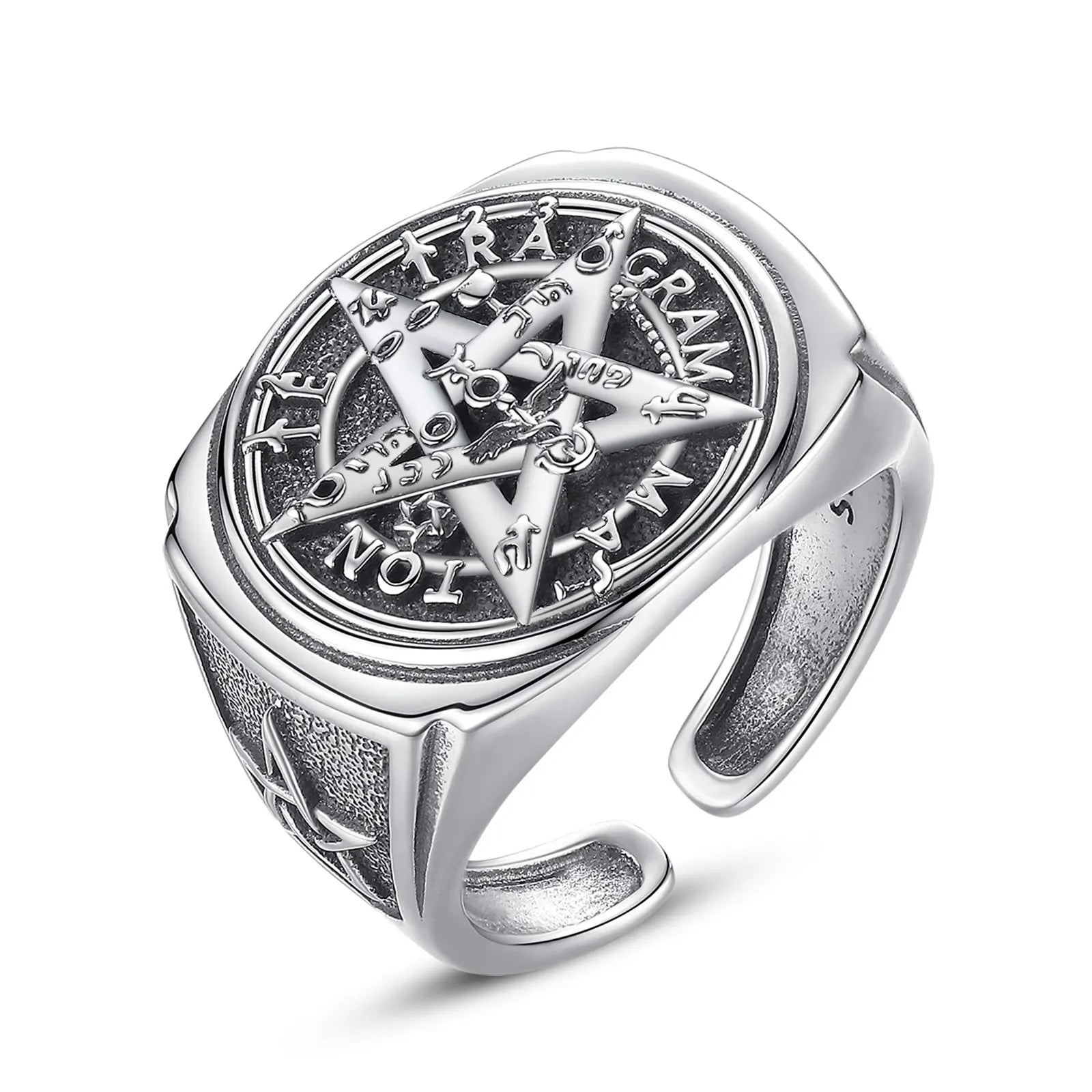 Eudora 925 Sterling Silver Pentagram Adjustable Ring Amulet Guardian Star Tetragrammaton Ring Hip Hop Jewelry Gift for Men Women