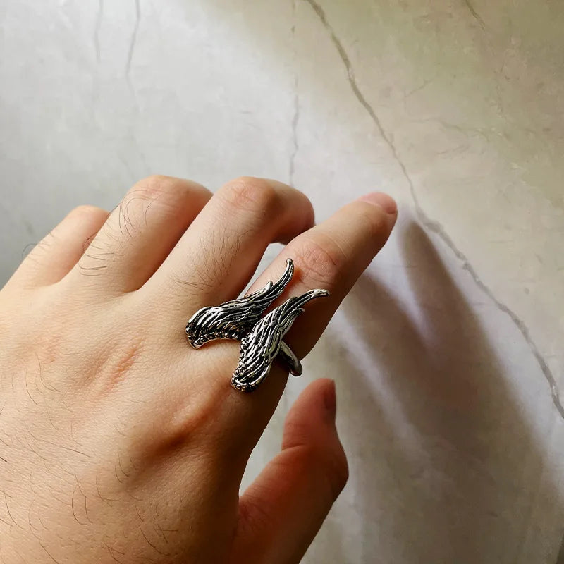 Retro Big Angel Wings Ring For Men Women Silver Color Punk Gothic Open Ring Handmade Designer Jewelry Unisex Accessories Gift