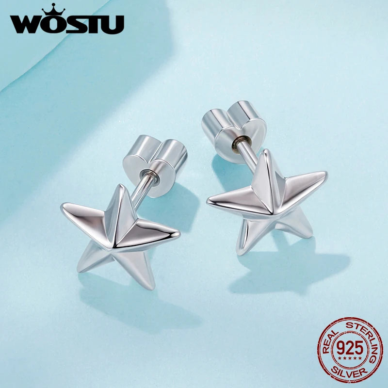 WOSTU Solid 925 Sterling Silver Star Stud Earrings For Women, s925 European Simple Geometric Ear Studs Original Jewelry Gift