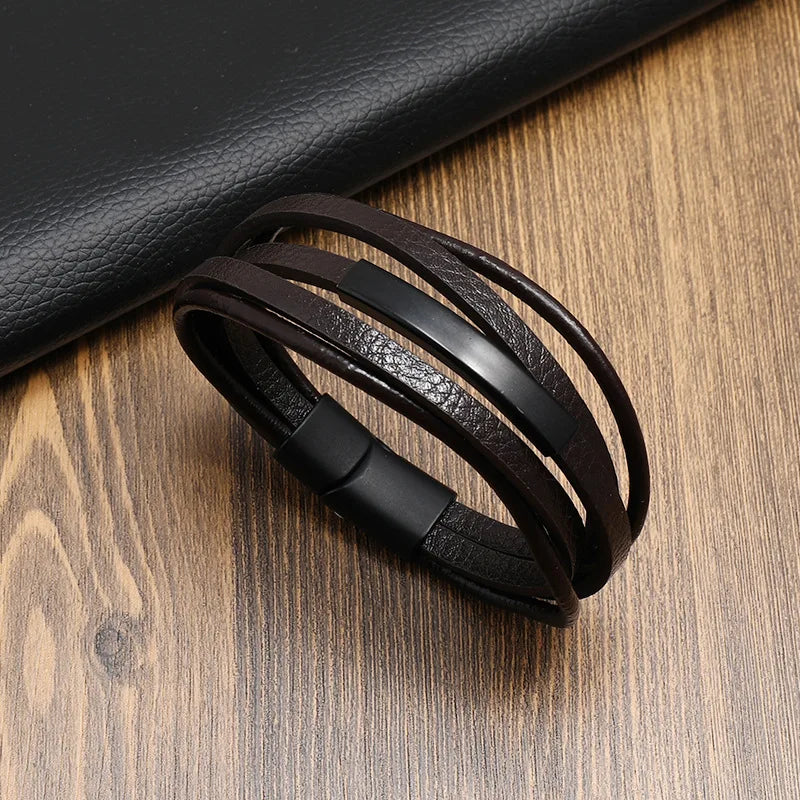 New Men's Leather Braided Bracelet Alloy Magnet Buckle Multilayer Leather Bracelet Retro Simple Bracelet Wholesale