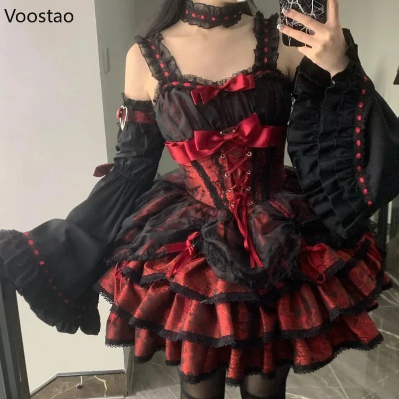 Japanese Gothic Lolita Jsk Dress Women Harajuku Y2k Bow Lace Ruffles Evening Party Mini Dresses Punk Kawaii Black Red Vestidos