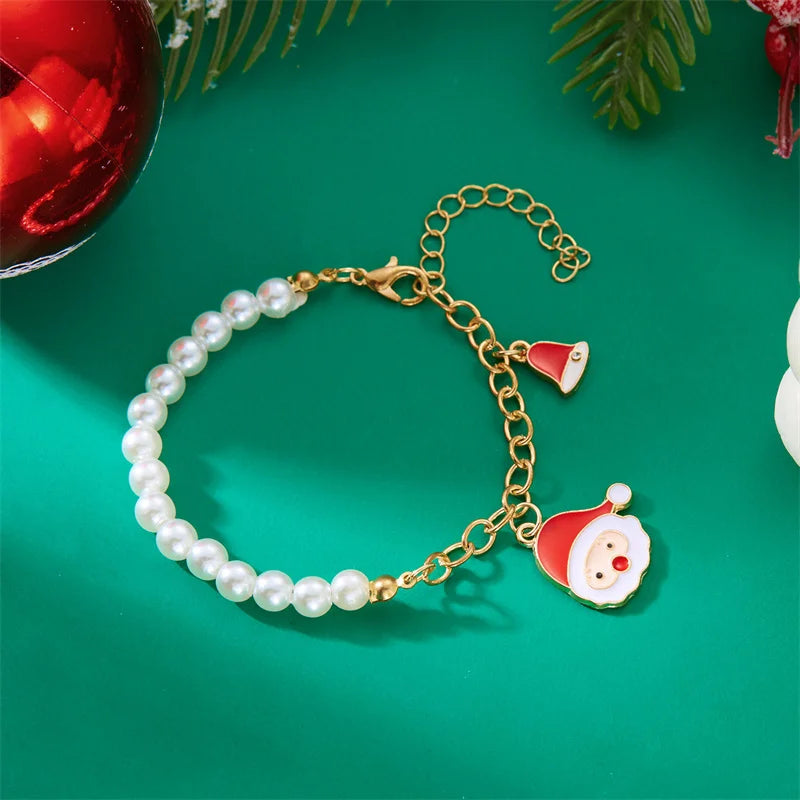 Creative Christmas Metal Chain Bracelet For Women Men Delicate Imitation Pearl Santa Claus Xmas Tree Snowflake Snowman Bangles