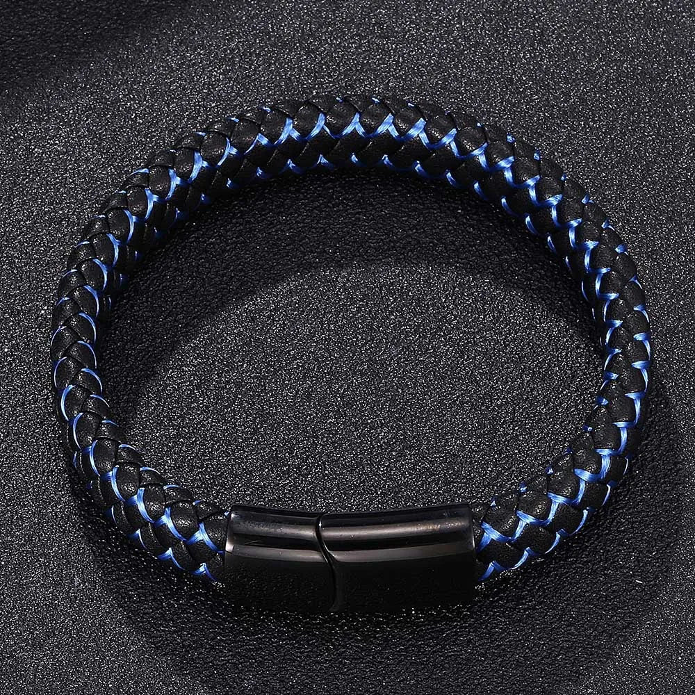 MKENDN Punk Men Braided Genuine Braided Blue Leather Bracelet Black Stainless Steel Magnetic Buckle Bracelet Gifts Homme Pulsera