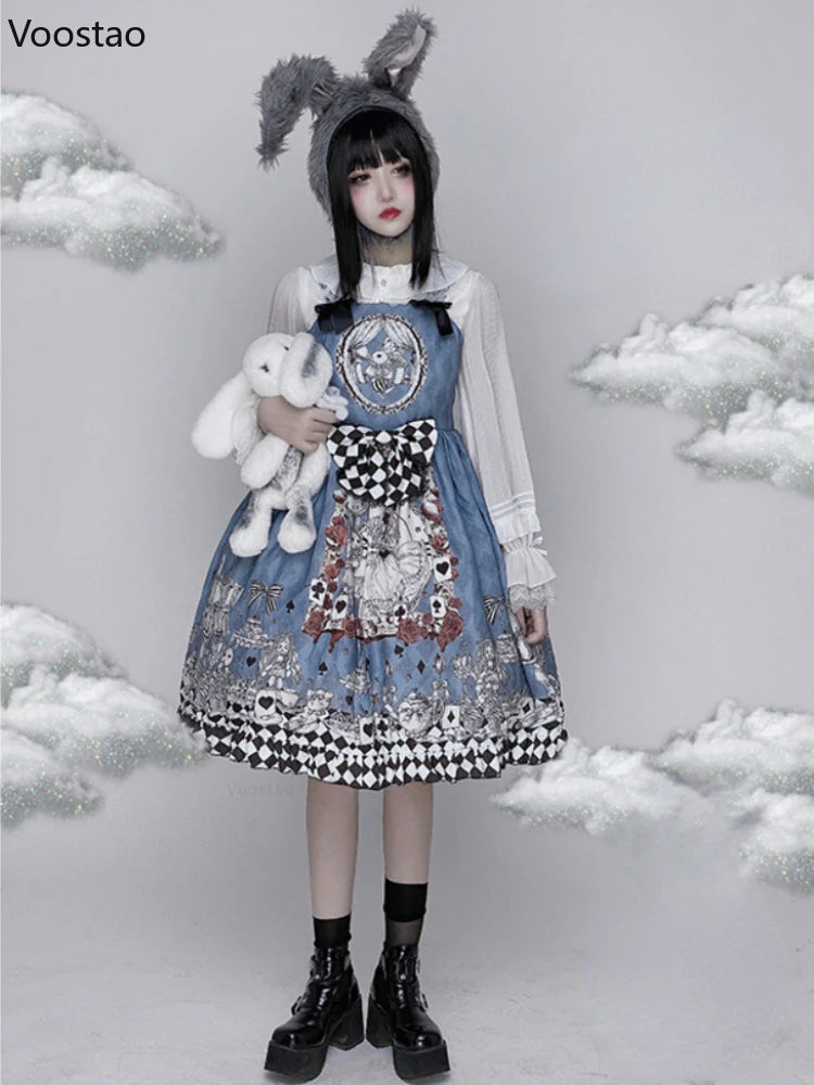 Vintage Gothic Lolita Style Slip Dress Women Harajuku Y2k Sleeveless Dark Bunny Print Party Dresses Girly Kawaii Bow Vestidos