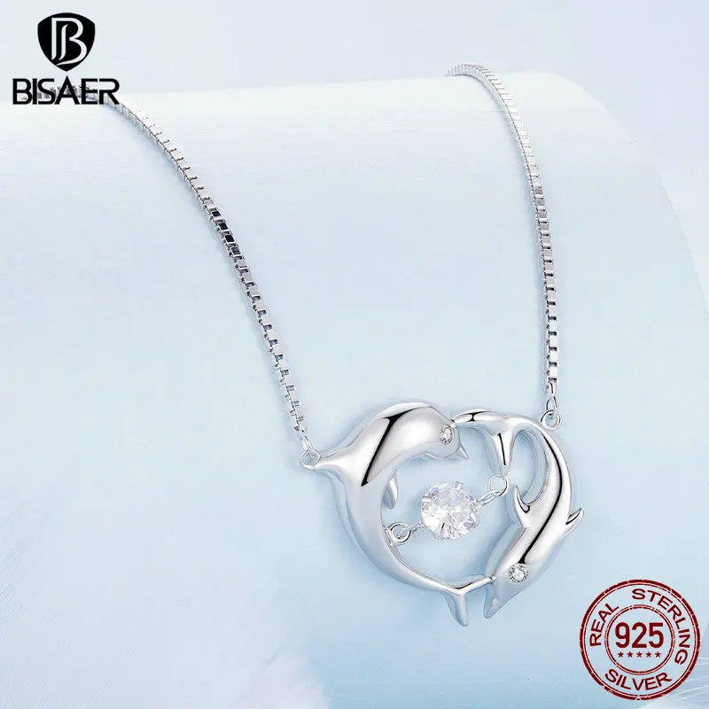 BISAER 925 Sterling Silver Seahorse Necklace Pendant Moonstone Adjustable Chain Plated Platinum Women Party Fine Jewelry EFN332