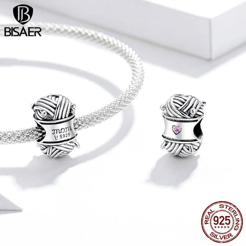 BISAER 925 Sterling Silver Ball Of Yarn Love Of Mom Charms Beads Fit Family Mother's Day Birthday Bracelet DIY Jewelry Gifts
