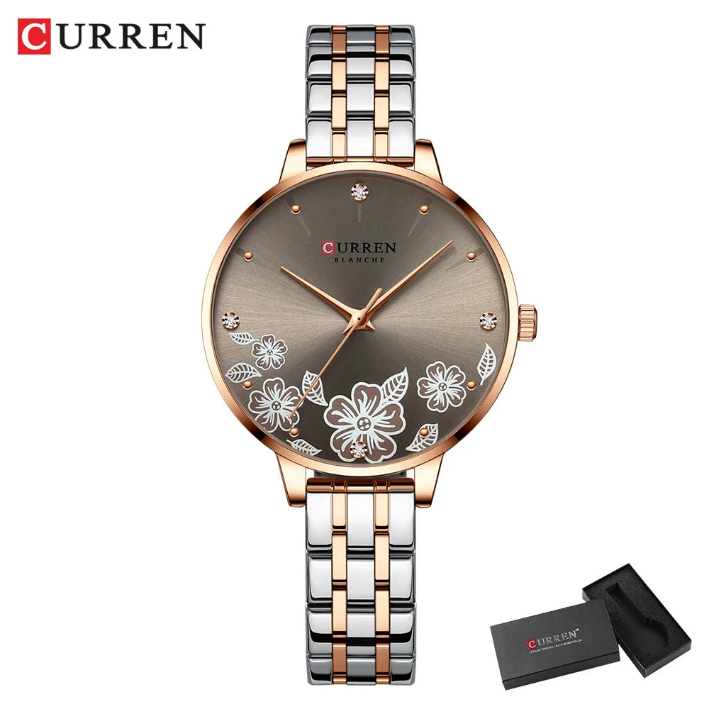 CURREN Fashion Quartz Wristwatches for Women Simple Stainless Steel Watch Bracelet with Flower Design Dial
