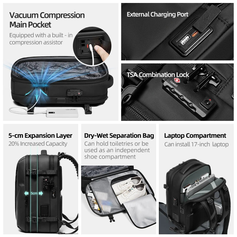 Men Travel Backpack One click start pump vacuum compression 17 inch Laptop Backpack Hiking Business 60L Extended school Backpack - Madeinsea©