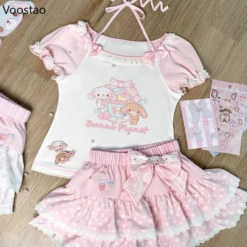Kawaii Lolita Style 2 Piece Set Women Sweet Cute Cartoon Print T-Shirt Tops Bow Lace Ruffles Mini Cake Skirts Female Korean Suit